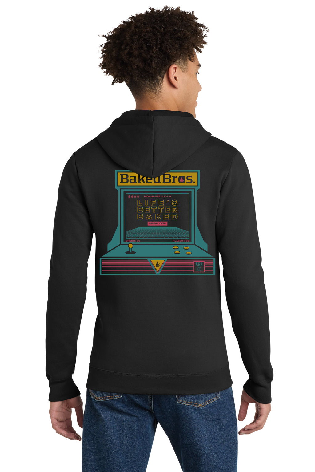 Baked Bros™ Arcade Sweatshirt, back view, black zip hoodie with a retro arcade machine graphic