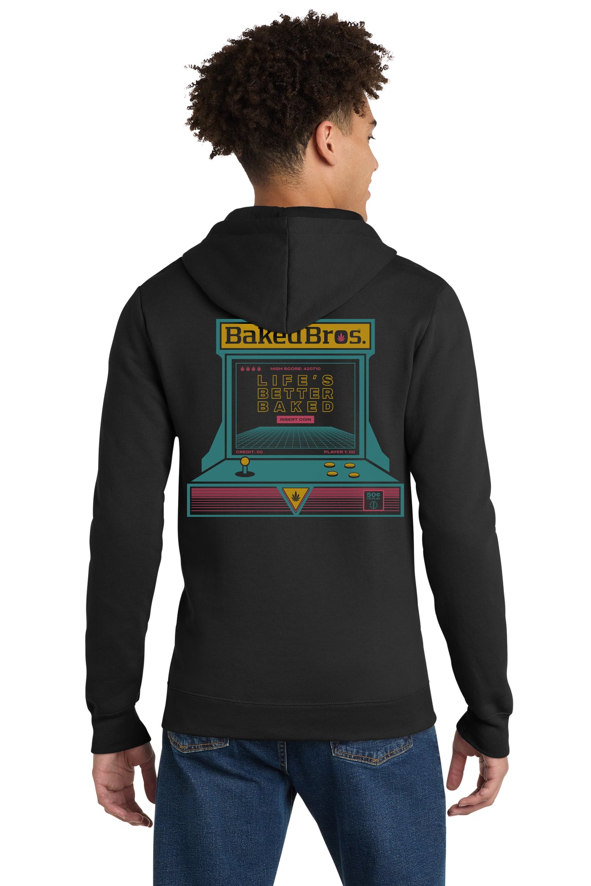 Baked Bros™ Arcade Sweatshirt, back view, black zip hoodie with a retro arcade machine graphic