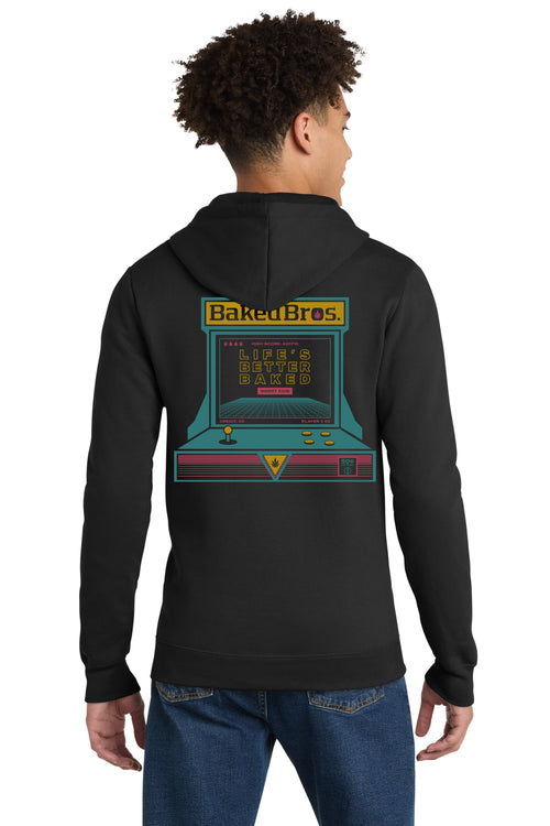 Baked Bros™ Arcade Sweatshirt, back view, black zip hoodie with a retro arcade machine graphic