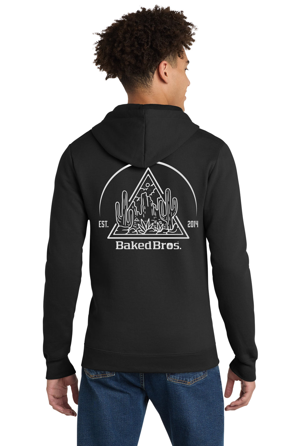 Baked Bros™ AZ Desert Sweatshirt, back view, black zip hoodie with a white desert cactus and mountain line graphic