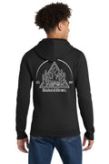 Baked Bros™ AZ Desert Sweatshirt, back view, black zip hoodie with a white desert cactus and mountain line graphic