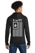 Baked Bros™ Unity Sweatshirt, back view, black zip hoodie with a white Unity flag graphic and cannabis leaf
